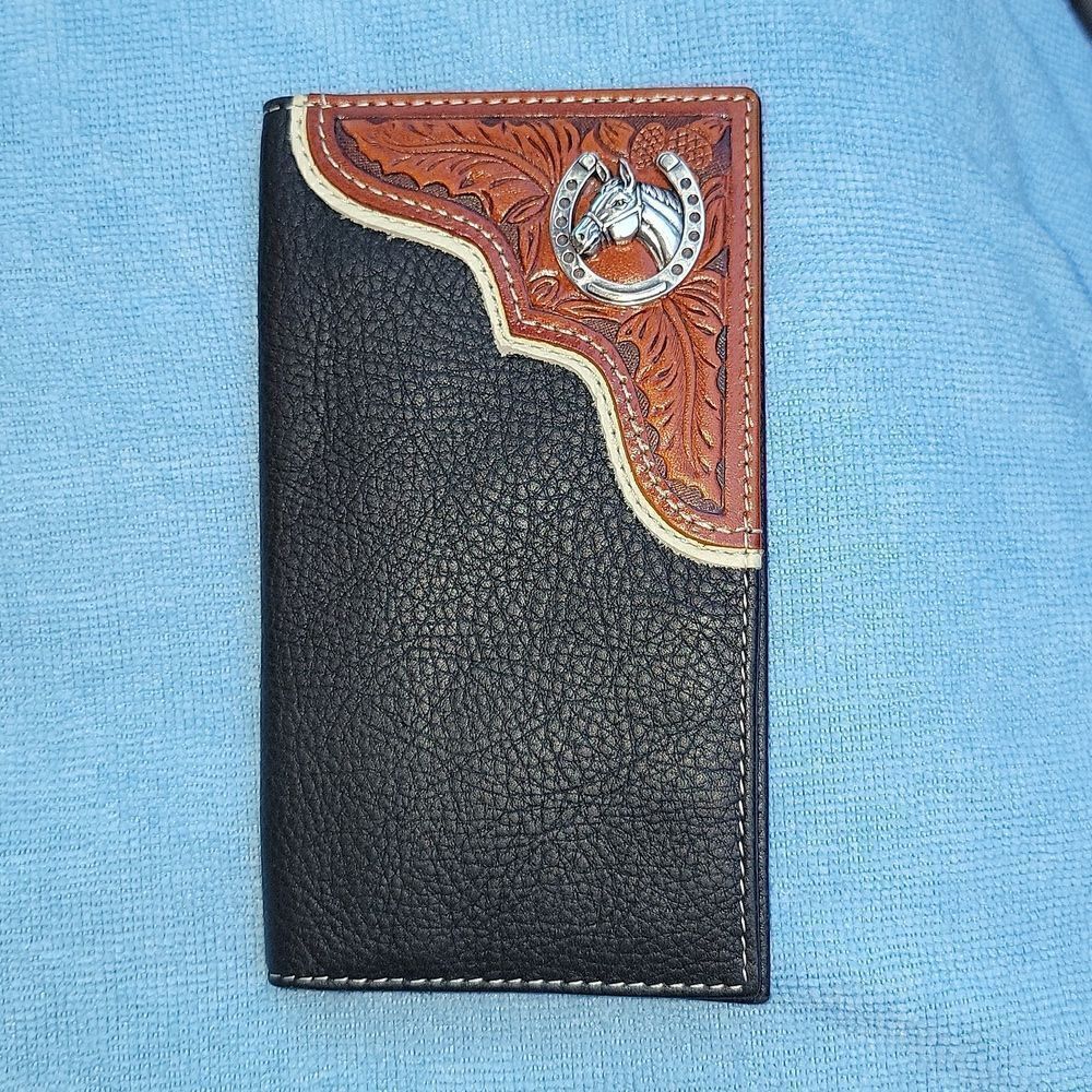 Western Genuine Leather Two Tone Checkbook Wallet Card Holder Horse Horseshoe